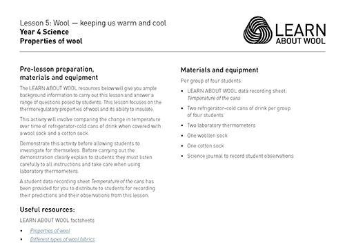 Wool — keeping us warm and cool lesson preparation